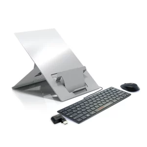 the Standivarius Oryx evo D laptop stand, the Standivarius Piano II USB compact keyboard, the Standivarius USB 3-Port Hub, and the Standivarius Hi! Wireless Mouse - complete ergonomic kit