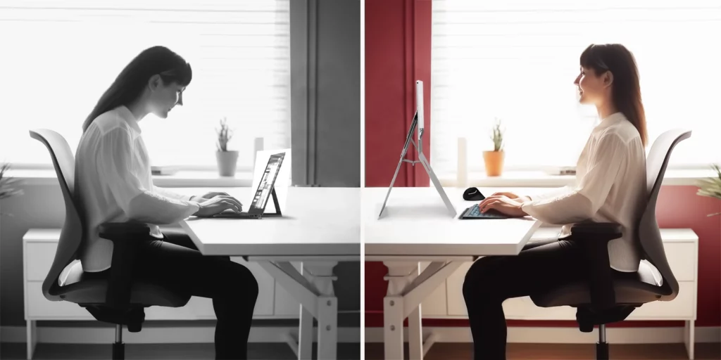 A before and after image of a professional working, highlighting the impact of ergonomic upgrades, showing the difference between a poorly set up workspace and one that's been enhanced.