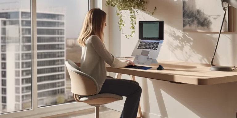 a bright, modern office or home workspace with soft natural light filtering in, showing shorter daylight outside, with professional seated comfortably at their desk and looking relaxed having a complete ergonomic setup.