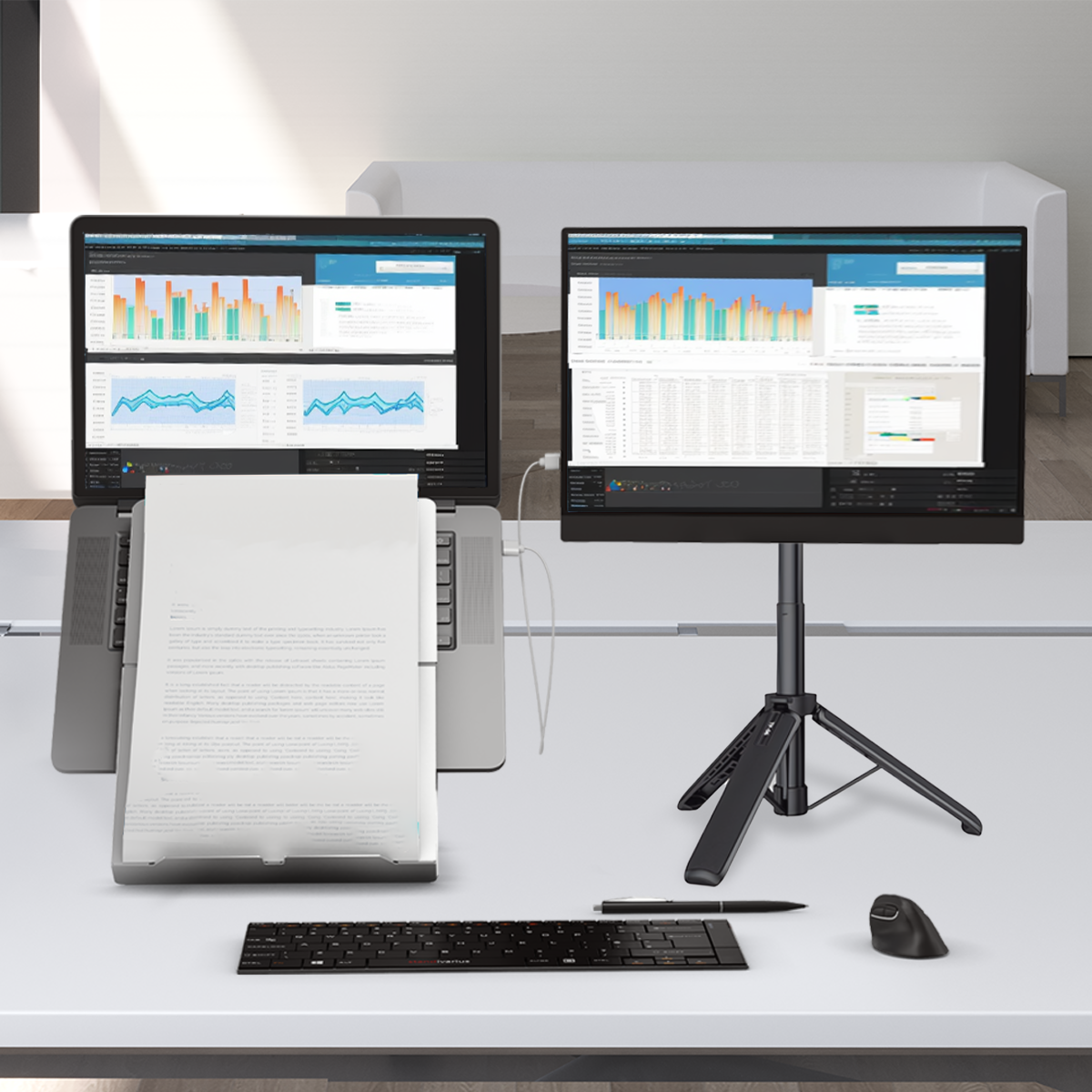 a home office dual monitor setup using Standviarius X-Stand for portable monitors and tablets