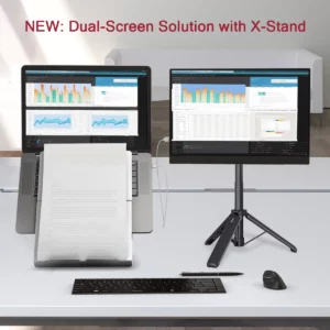 a home office dual monitor setup using Standviarius X-Stand for portable monitors and tablets